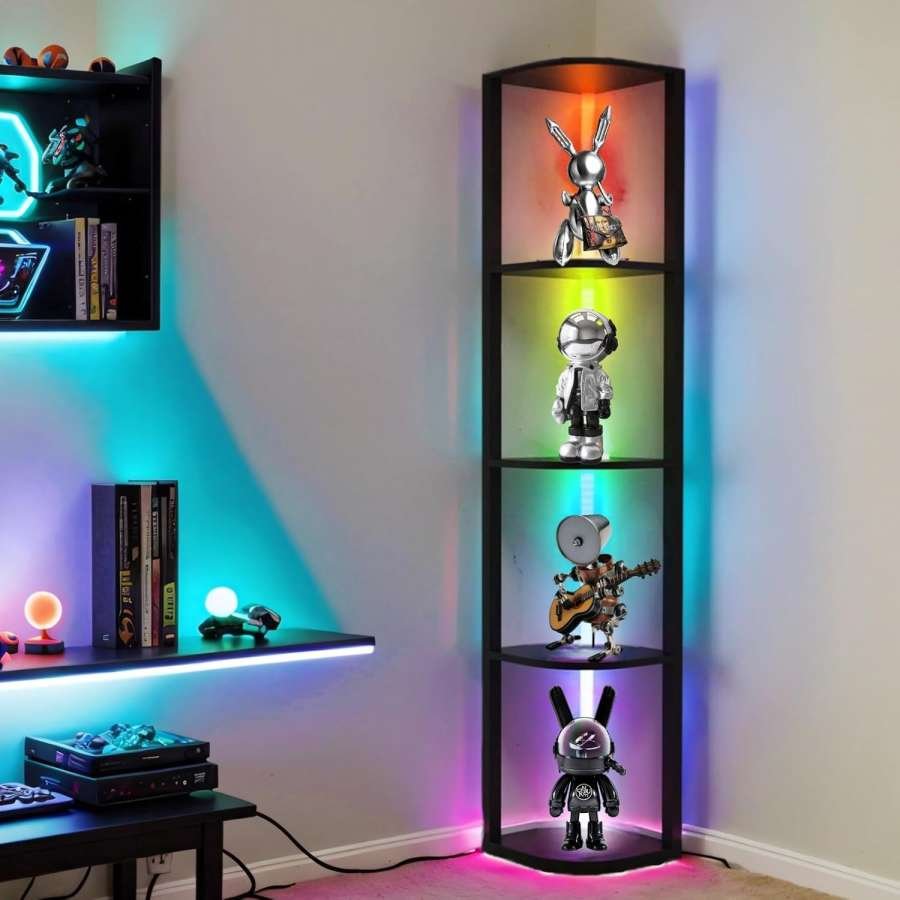Φωτιστικό LED & Ραφιέρα Δαπέδου HOUSTON BLACK με Τηλεχειριστήριο – CCT + RGB, 16W - Image 3