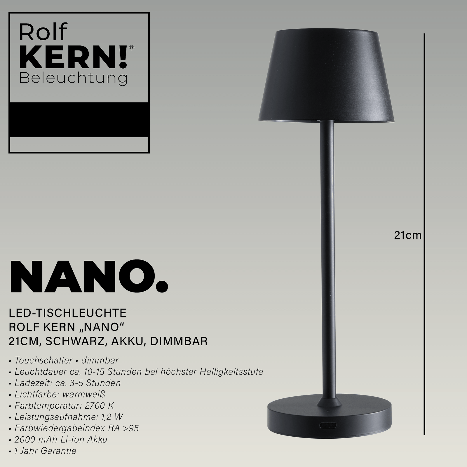 LED-Tischleuchte ROLF KERN „Club Nano“ 21cm, schwarz, Akku, dimmbar – Bild 2