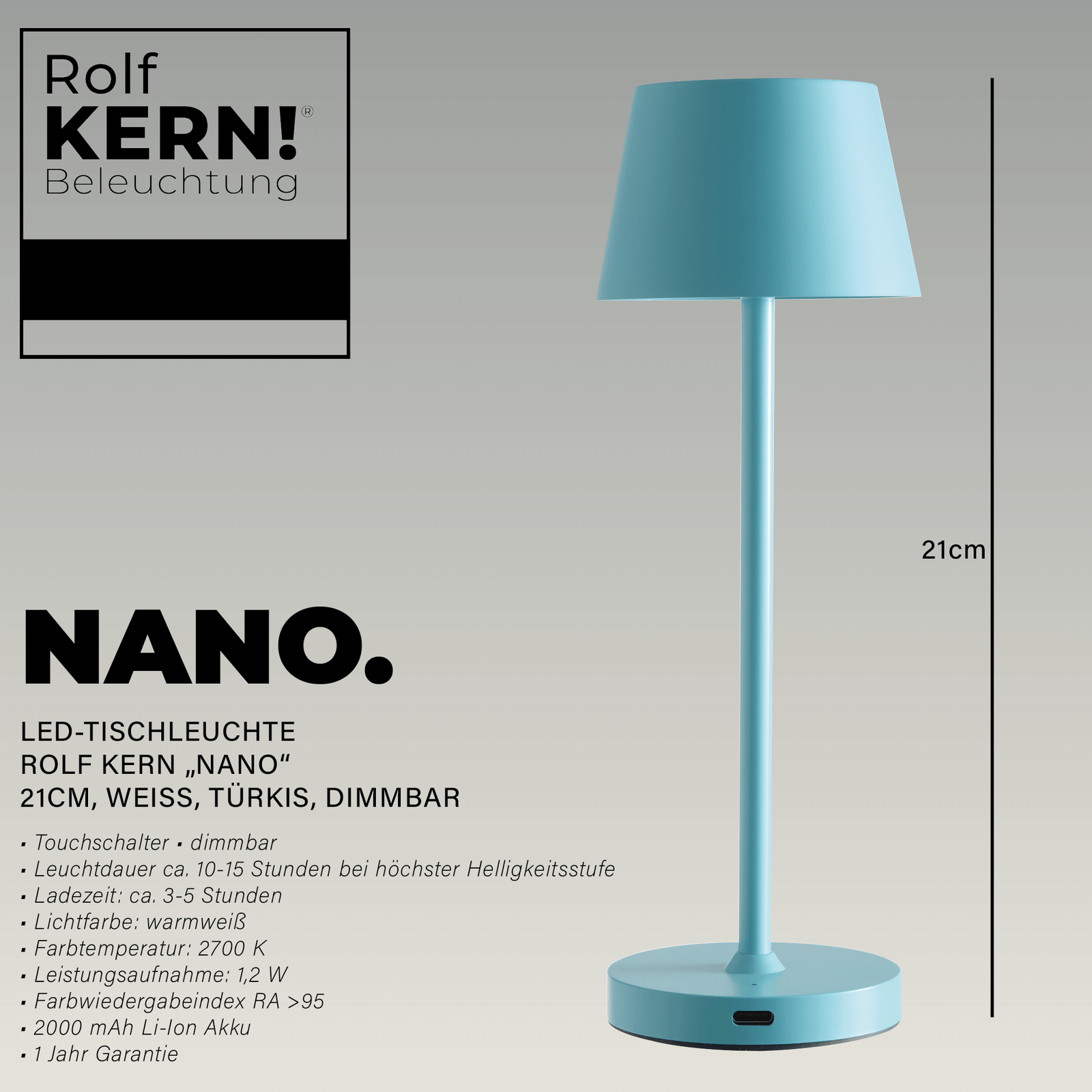 Επαναφορτιζόμενο LED Φωτιστικό Τραπέζης ROLF KERN “Club Nano” 21cm Τιρκουάζ - Image 2