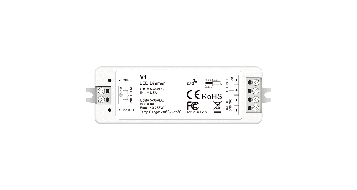 RF LED Dimmer V1 με Push-Dim, 1 κανάλι 8A, 5–36V DC (2.4GHz), για LED ταινίες 12V/24V - Image 2