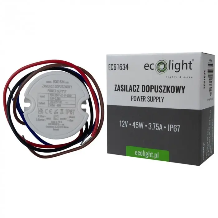 Einspeisung FI60 für LED-Streifen 45W 12V 3,75A Hermetisch IP67 Ecolight – Bild 3
