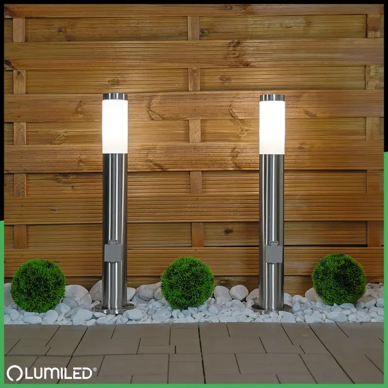 Gartenleuchte E27, Außenstehleuchte Pollerleuchte mit Steckdose 65cm 230V INOX LILIUM LUMILED – Bild 2