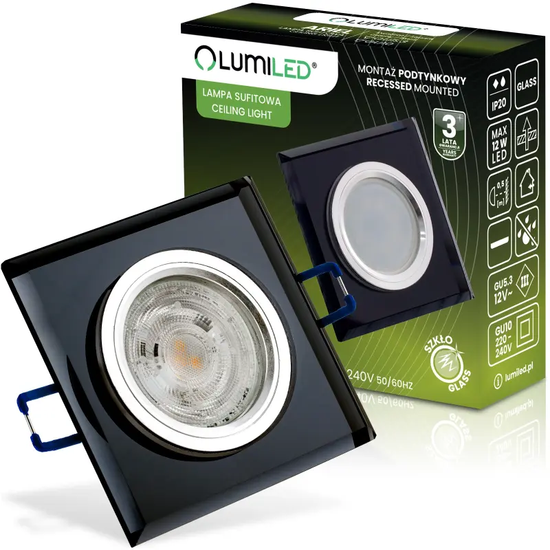 Glas-Einbaustrahler GU10, MR16 Einbauspot HALOGEN Quadrat Fest Schwarz ARIEL LUMILED