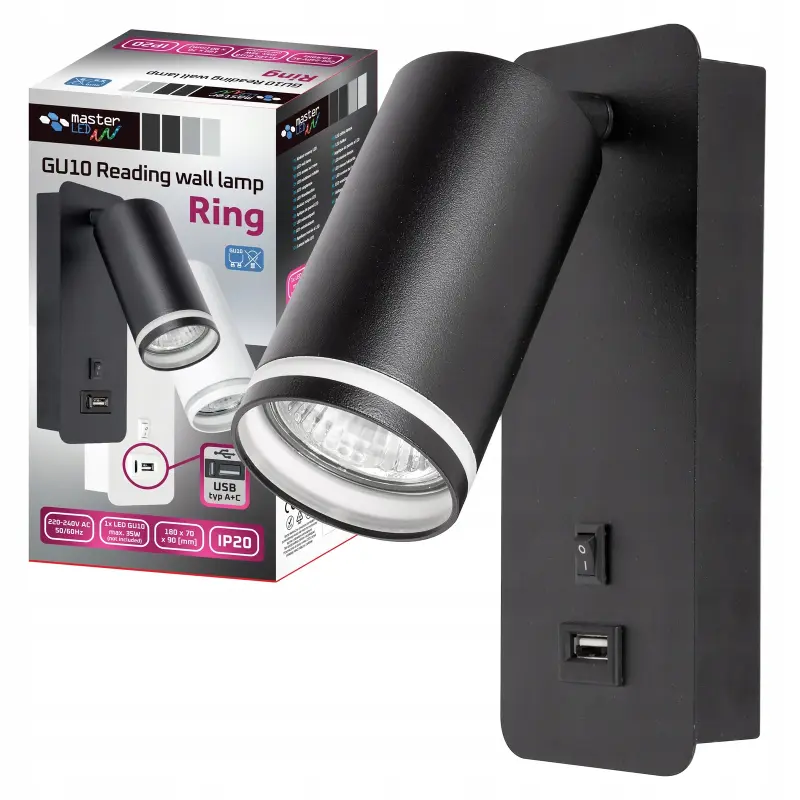 GU10 RING Wandleuchte mit USB und Schalter schwarz